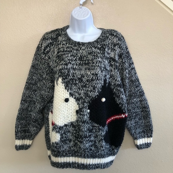 Collage by Hand Sweaters - Vtg COLLAGE By Hand Chunky Knit Black/White Scotty Dogs Crew Neck Sweater Size L